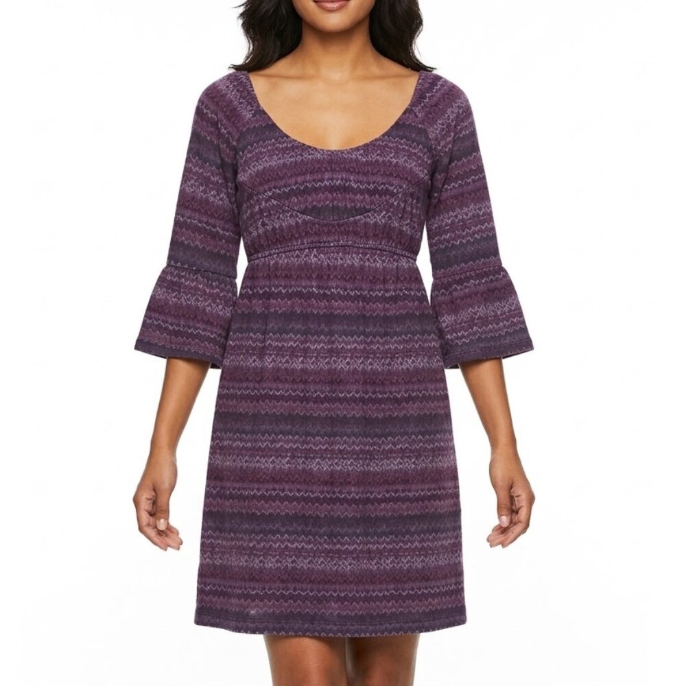 AGB Purple Chevron Knit Empire Waist Dress Bell Sleeve Boho Career Size 8
